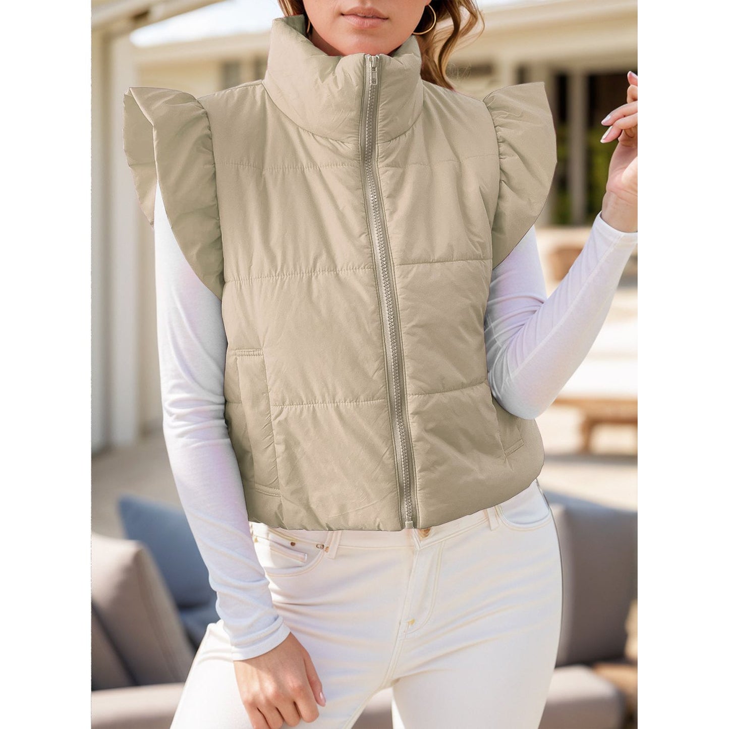 Pocketed Zip Up Cap Sleeve Jacket
