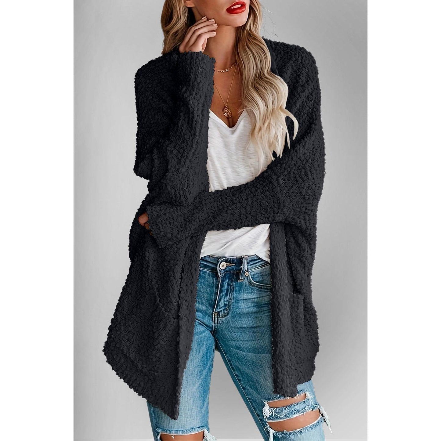 Double Take Pocketed Open Front Long Sleeve Cardigan