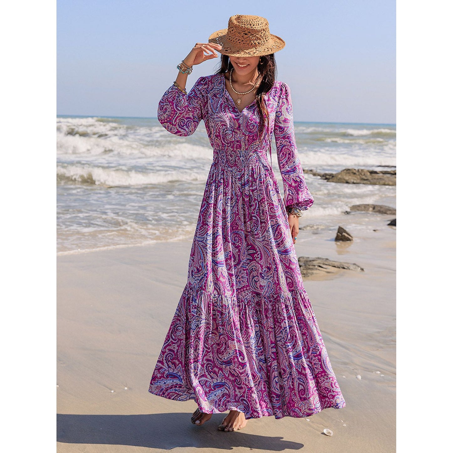 Printed Tie Neck Balloon Sleeve Maxi Dress