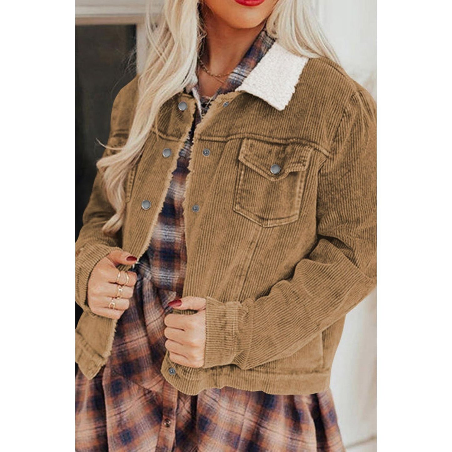 Corduroy Collared Neck Snap Down Jacket