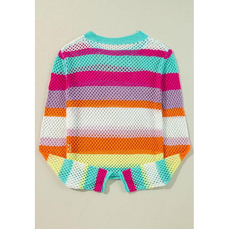 Openwork Contrast Striped Round Neck Knit Top