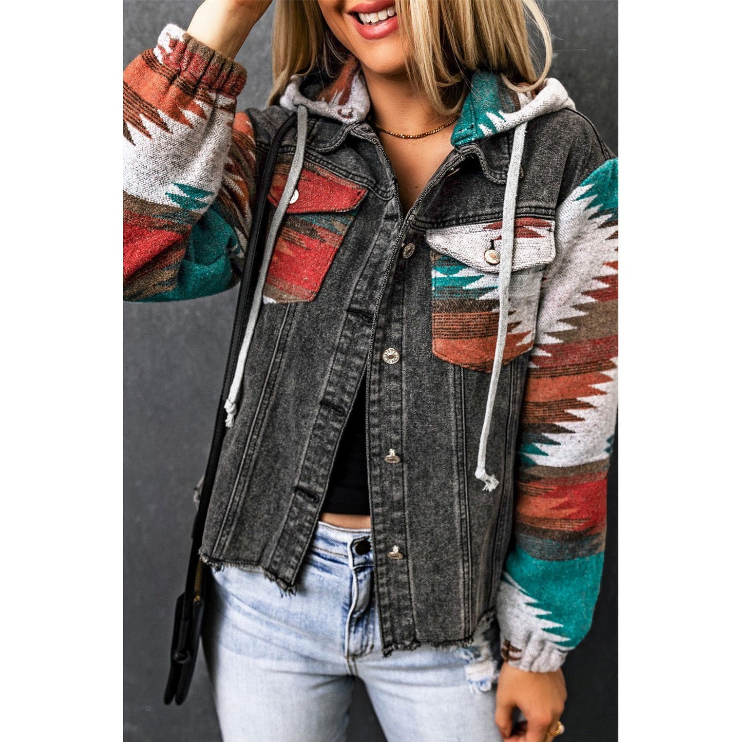 Drawstring Hooded Pocketed Denim Jacket