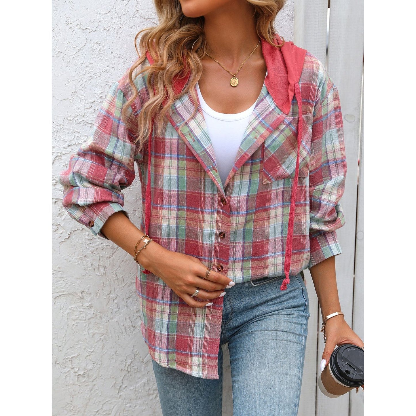 Plaid Long Sleeve Hooded Jacket