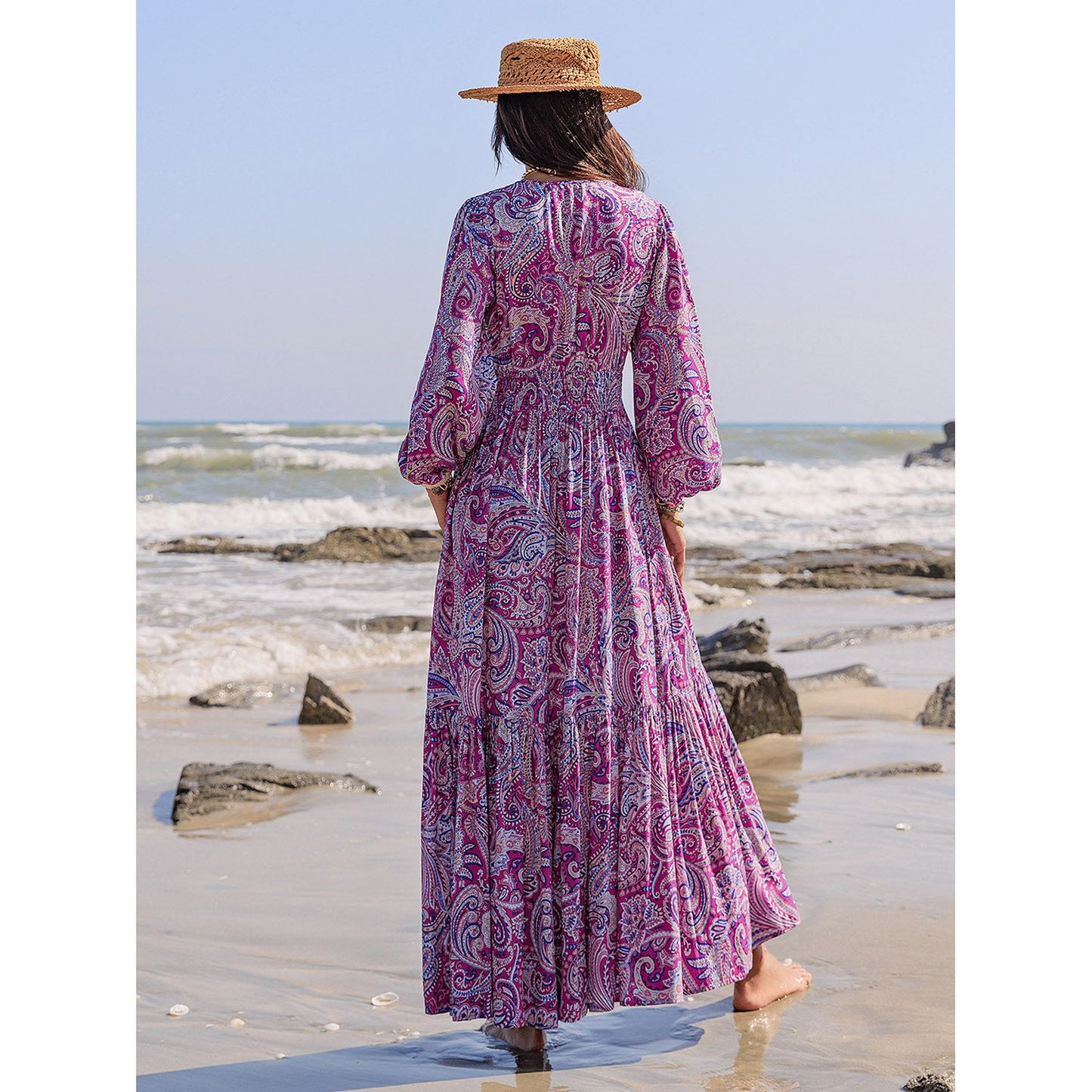 Printed Tie Neck Balloon Sleeve Maxi Dress
