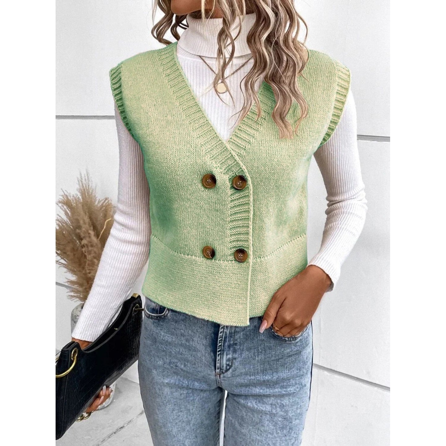 Full Size Button Up V-Neck Sweater Vest