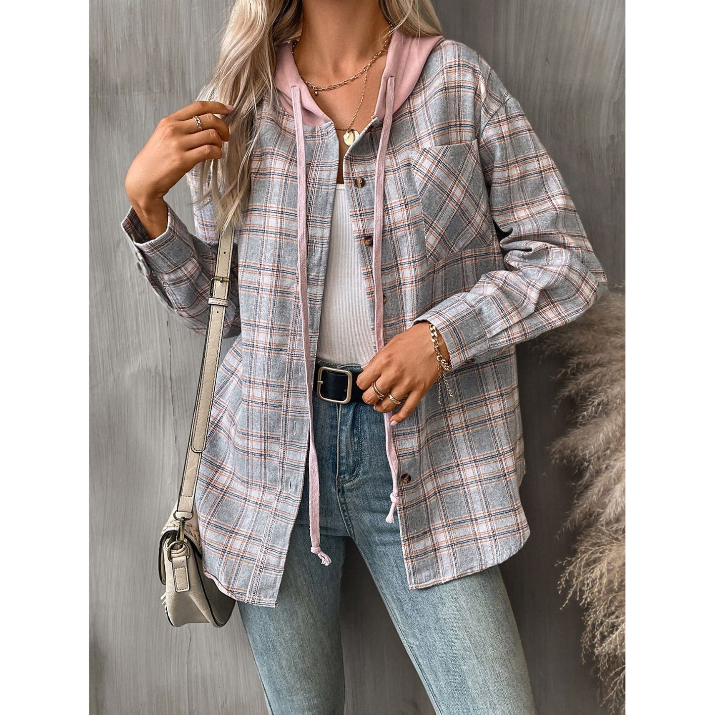 Plaid Long Sleeve Hooded Jacket