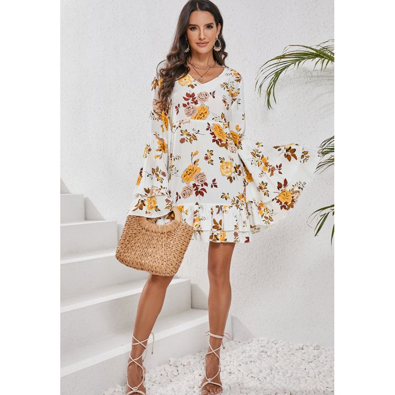 Printed V-Neck Flare Sleeve Mini Dress