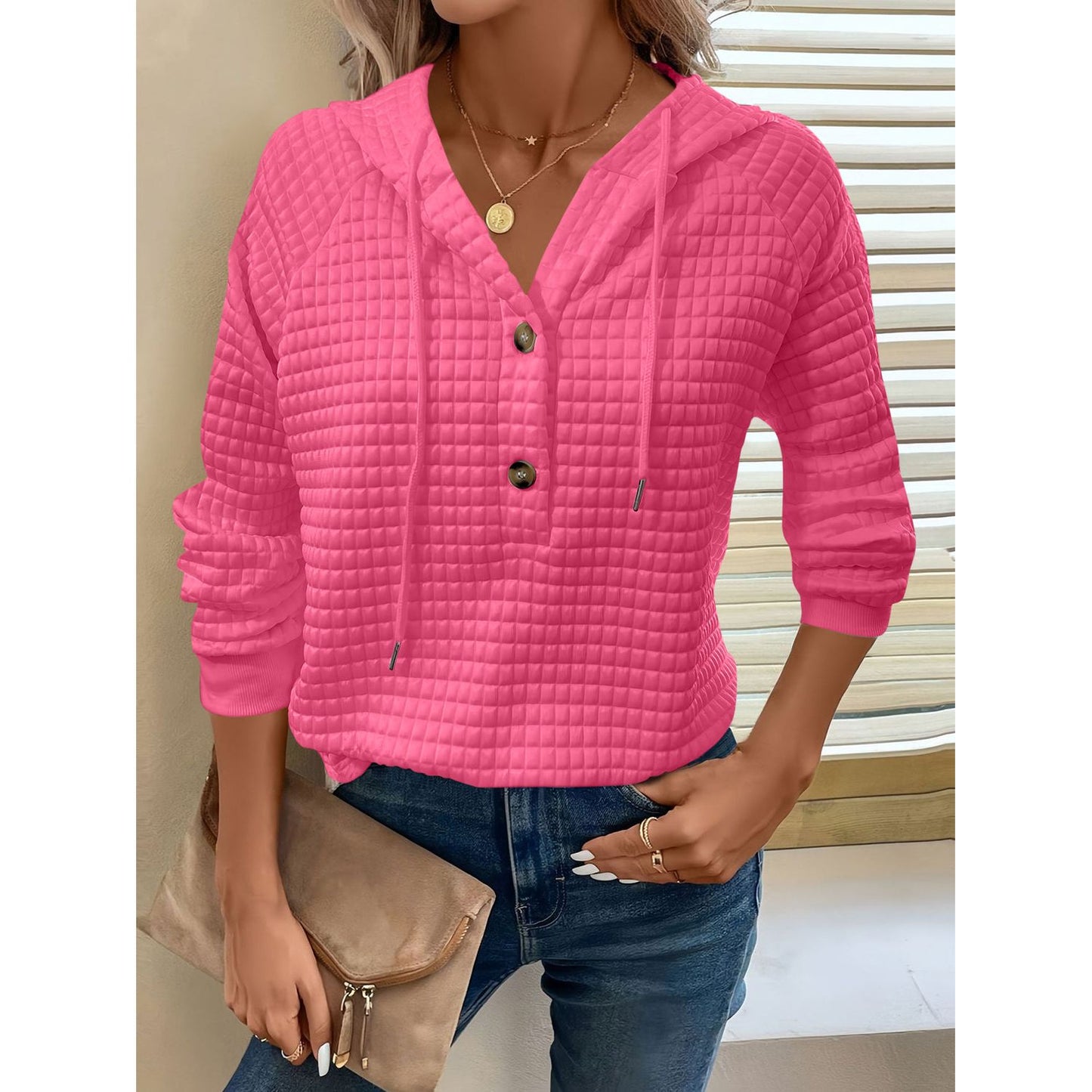 Full Size Texture Button Detail Drawstring Long Sleeve Hoodie