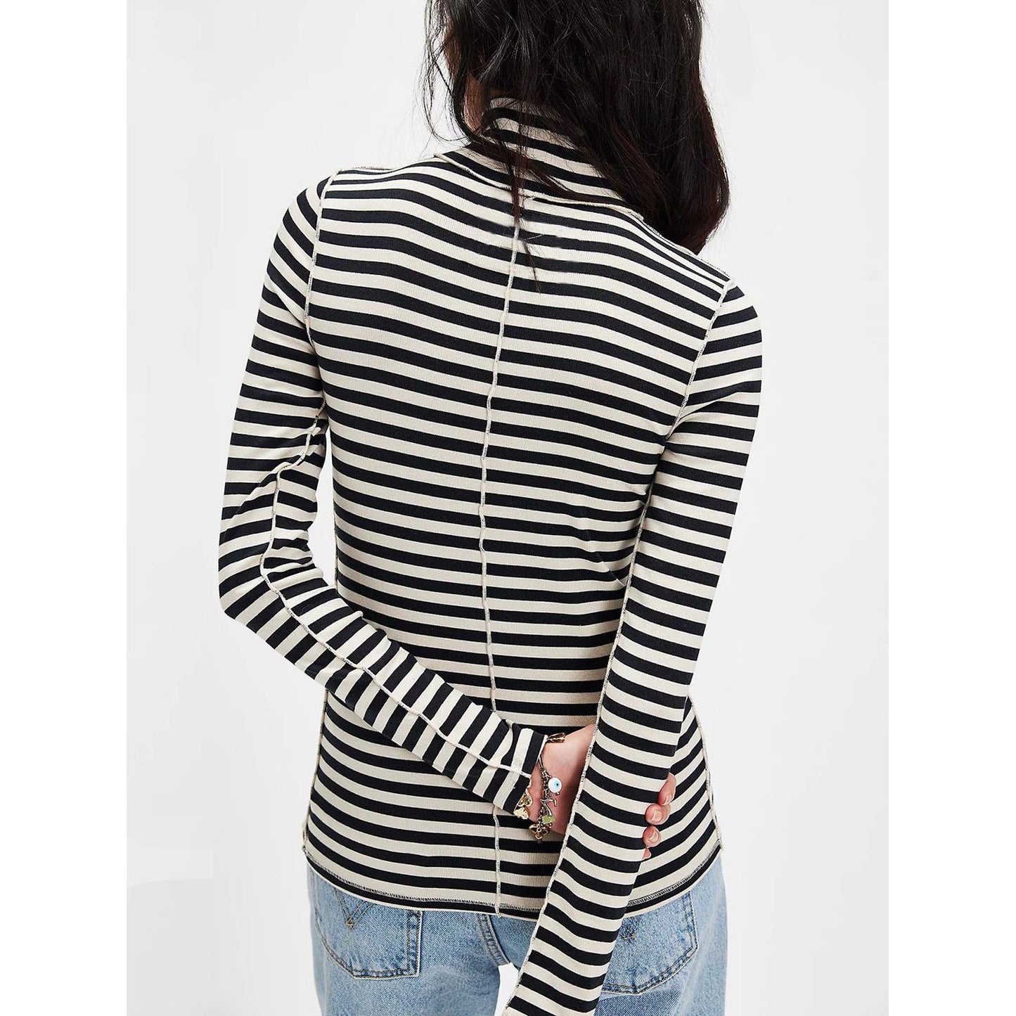 Exposed Seam Striped Turtleneck Long Sleeve T-Shirt