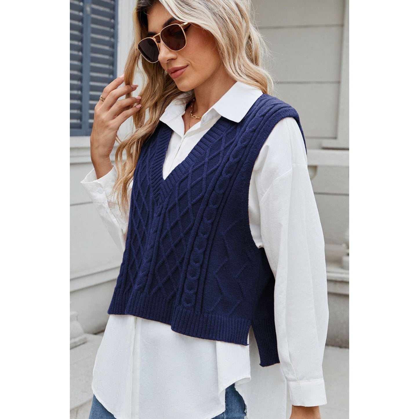 Cable-Knit V-Neck Sweater Vest