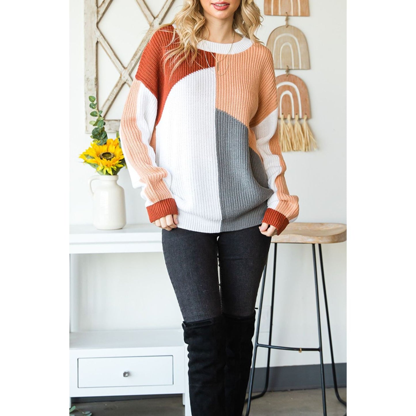 Color Block Drop Shoulder Long Sleeve Sweater