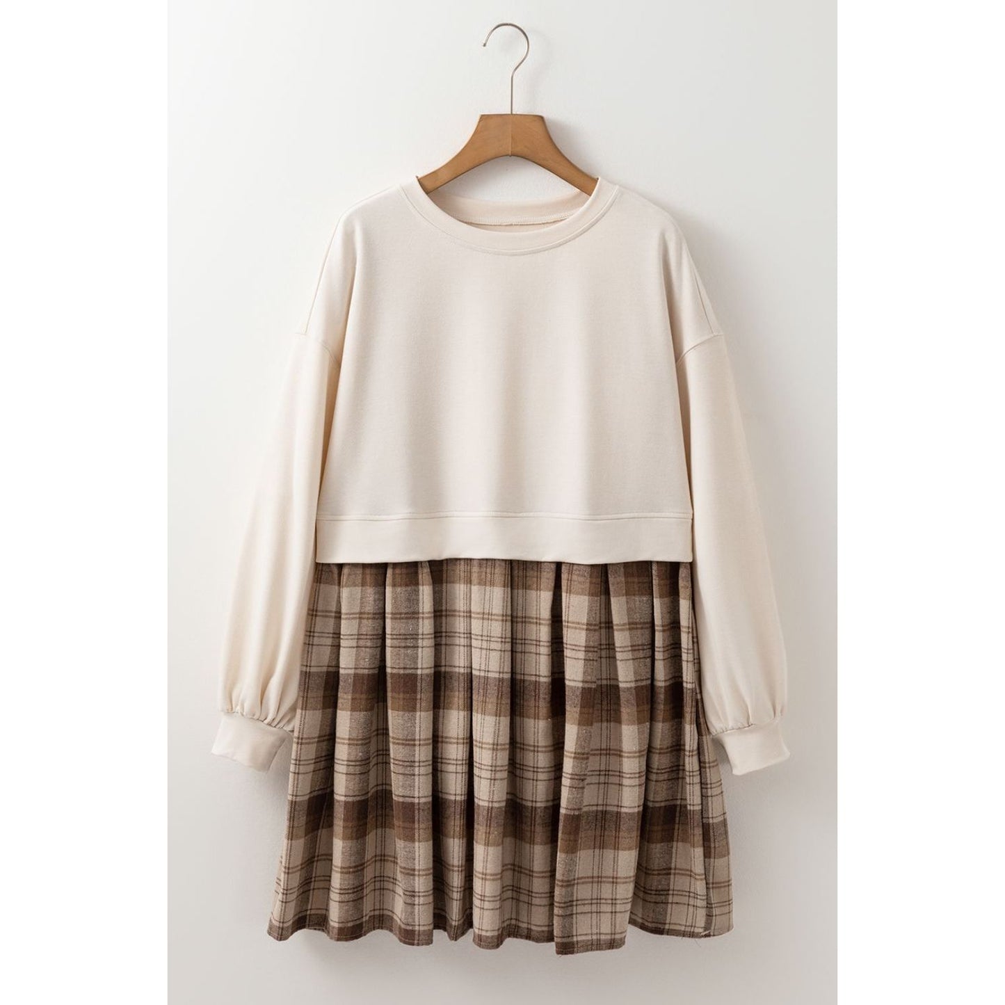 Plaid Round Neck Long Sleeve Mini Dress