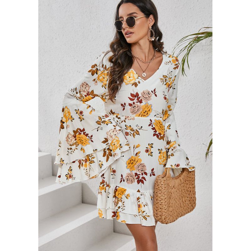 Printed V-Neck Flare Sleeve Mini Dress