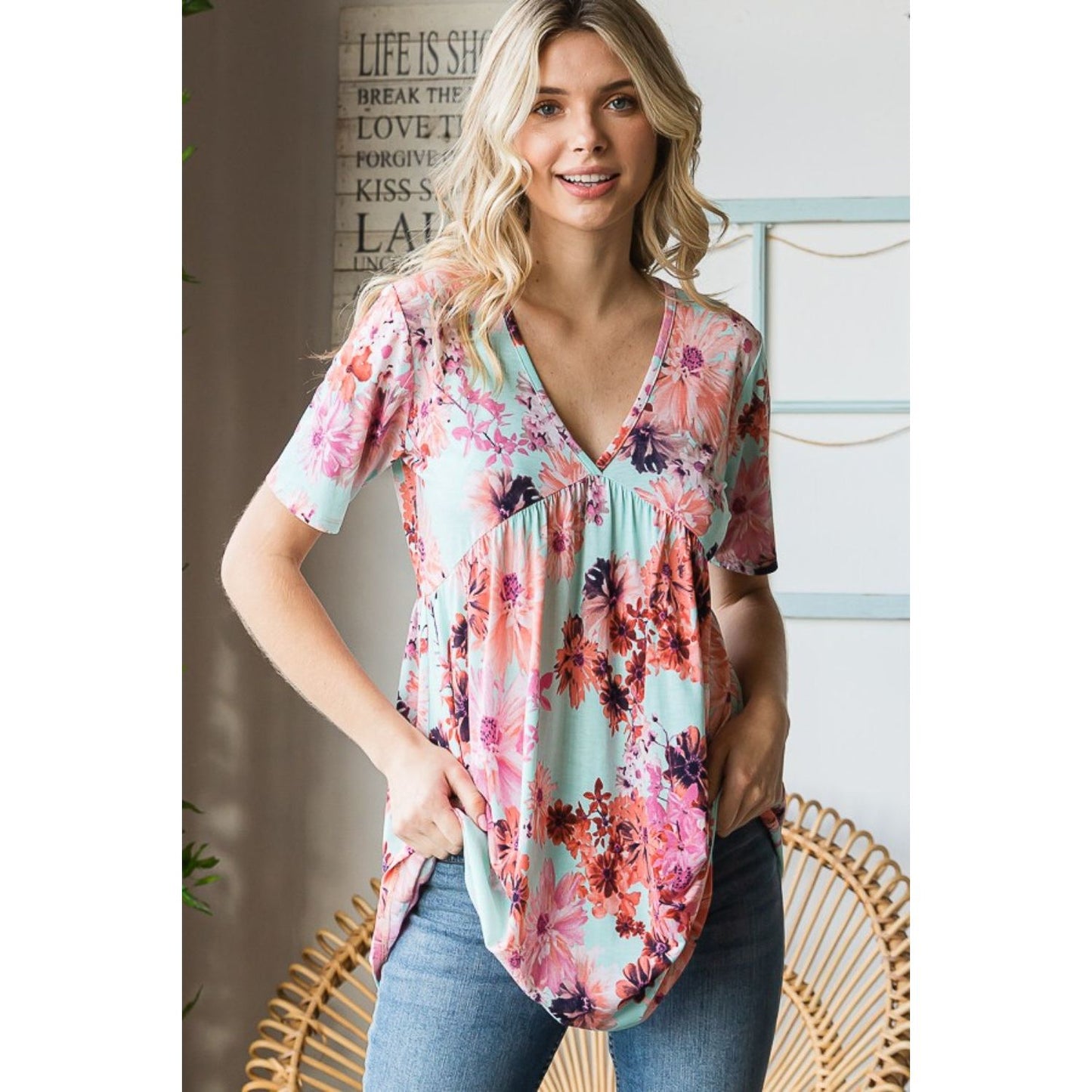 Heimish Full Size Floral V-Neck Short Sleeve Babydoll Blouse