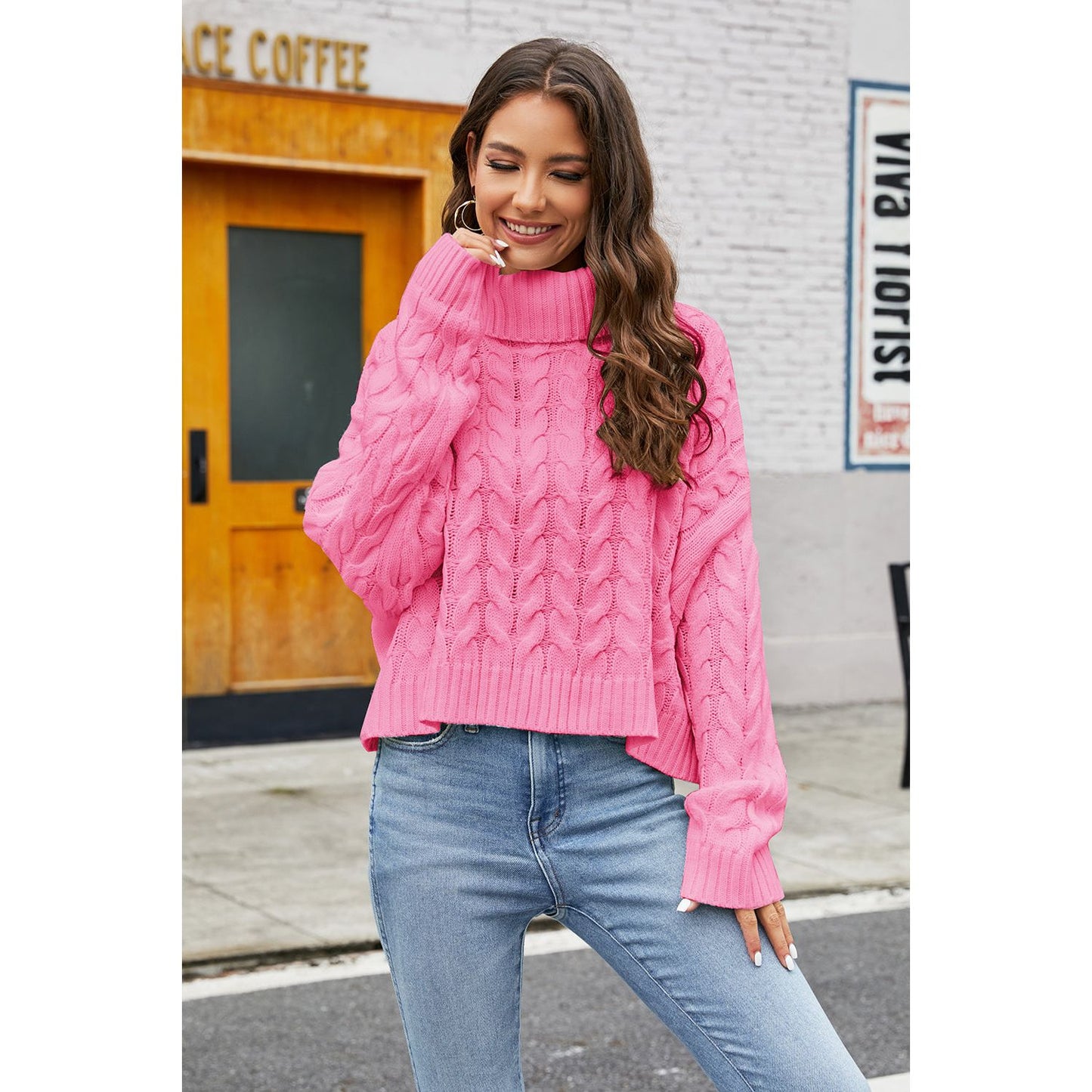 Turtleneck Cable-Knit Long Sleeve Sweater