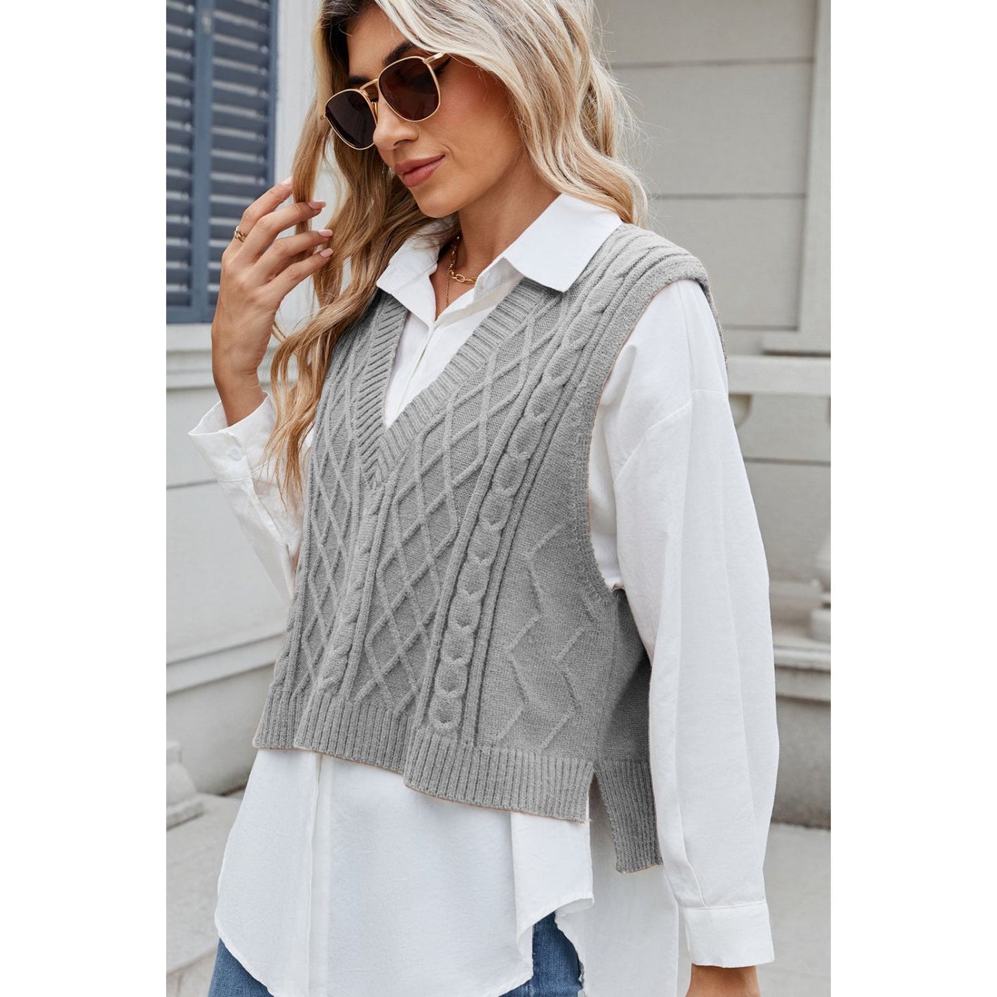 Cable-Knit V-Neck Sweater Vest