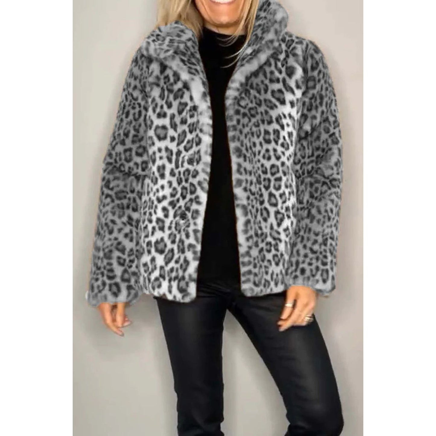 Full Size Leopard Furry Collared Neck Long Sleeve Coat