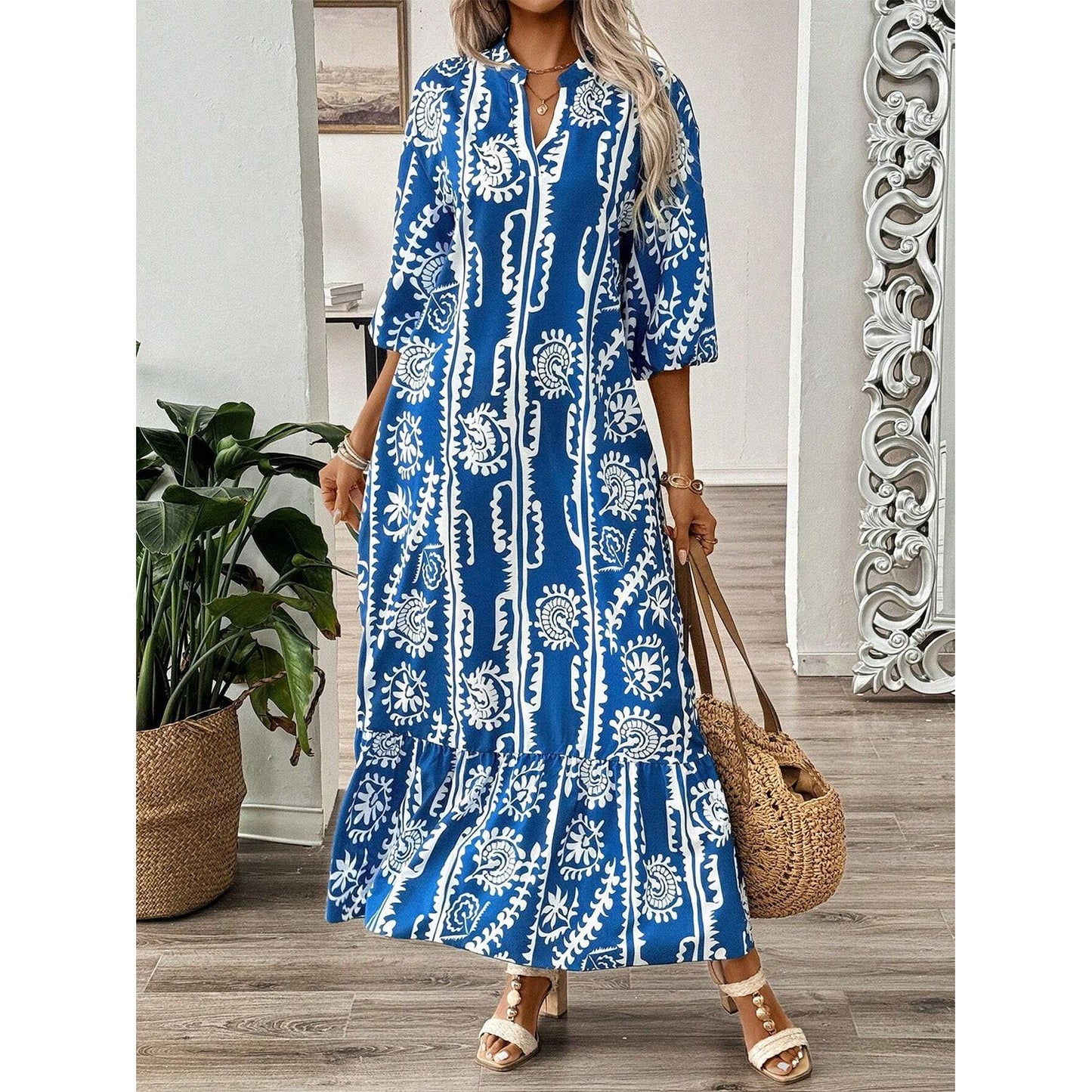 Printed Notched Half Sleeve Maxi Dress