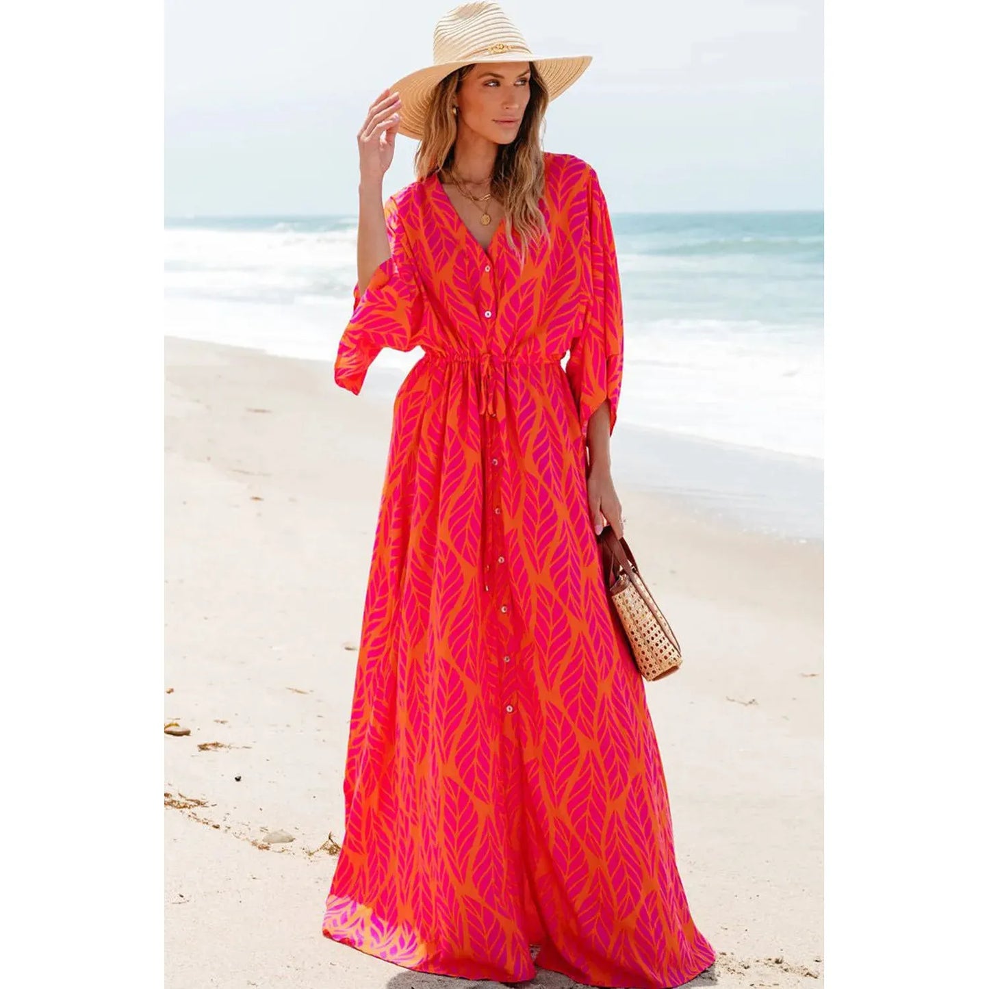 Drawstring Printed V-Neck Maxi Dress