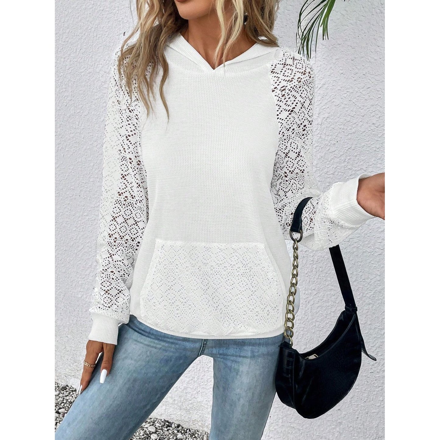 Waffle-Knit Long Sleeve Hoodie