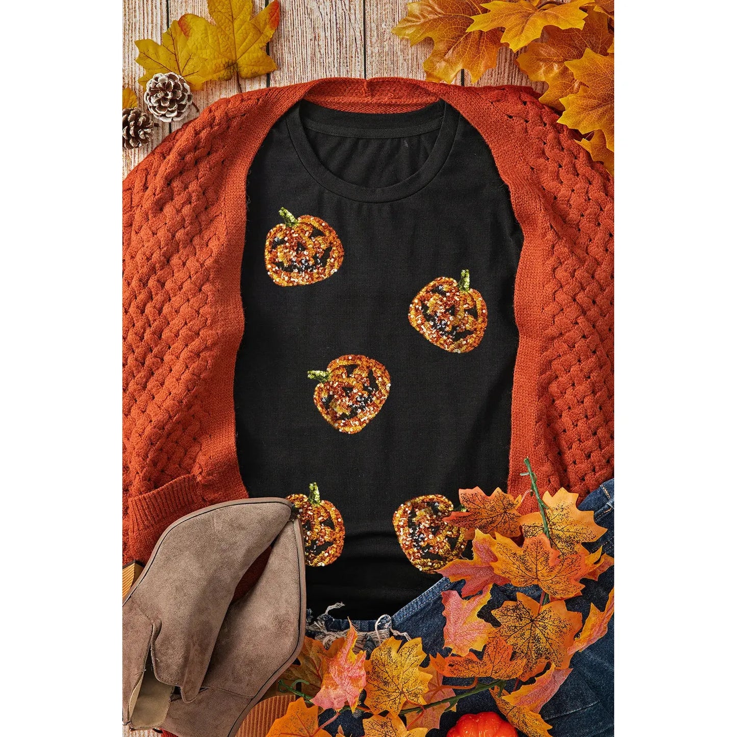 Sequin Pumpkin Round Neck Short Sleeve T-Shirt