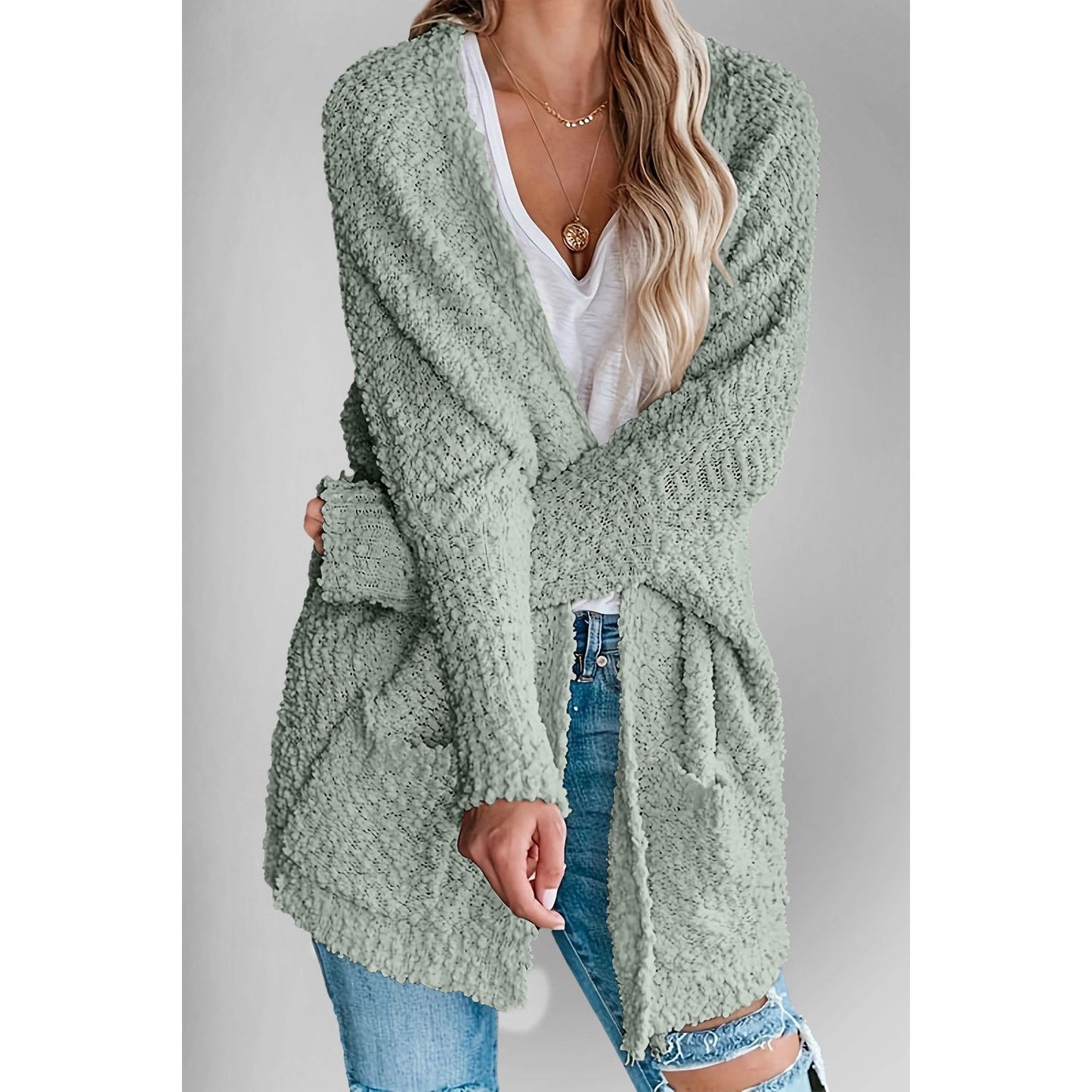 Double Take Pocketed Open Front Long Sleeve Cardigan