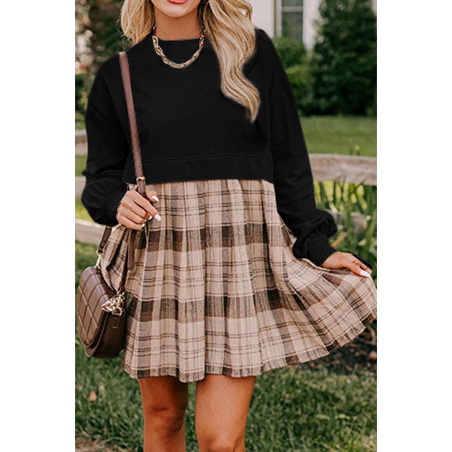 Plaid Round Neck Long Sleeve Mini Dress