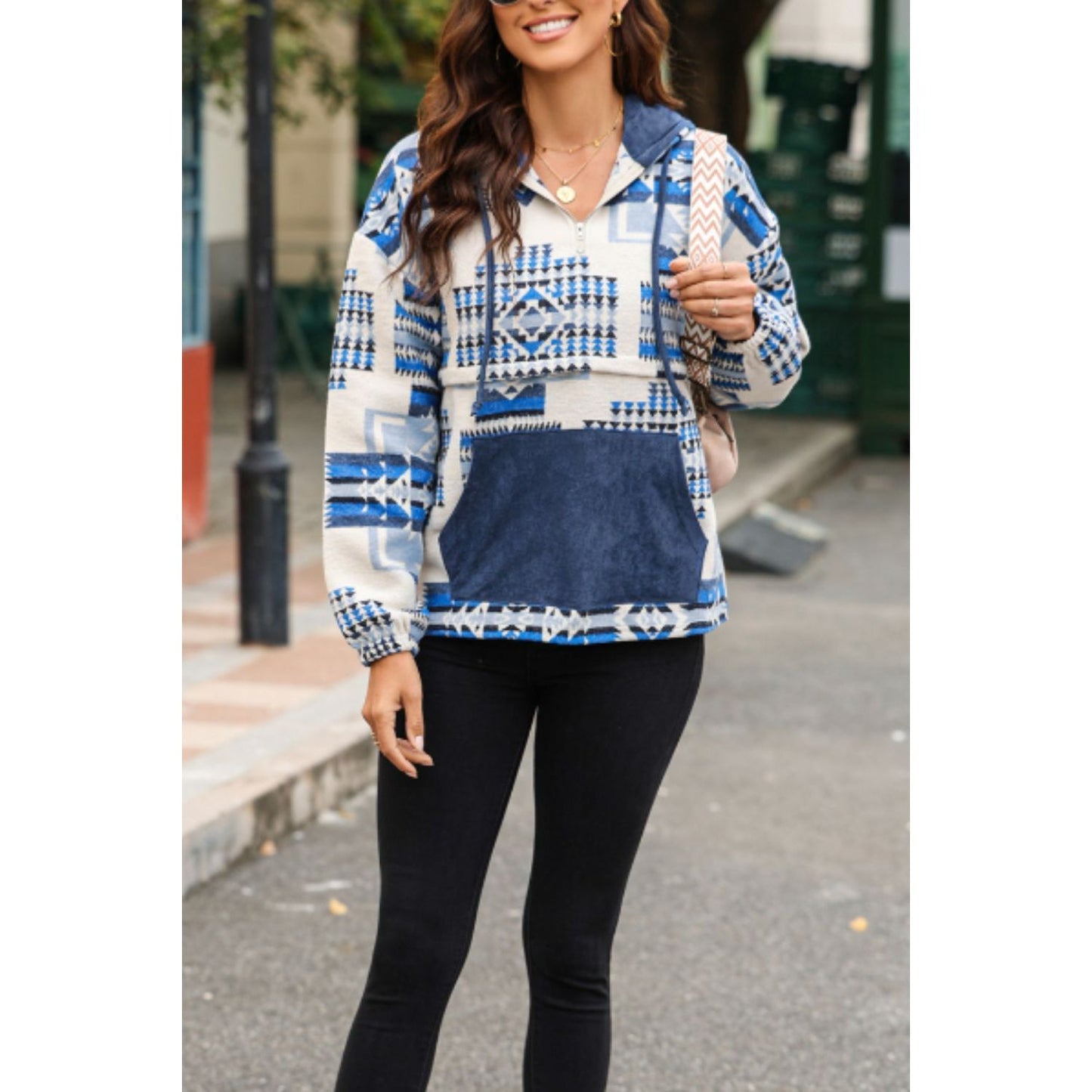 Geometric Quarter Zip Long Sleeve Hoodie