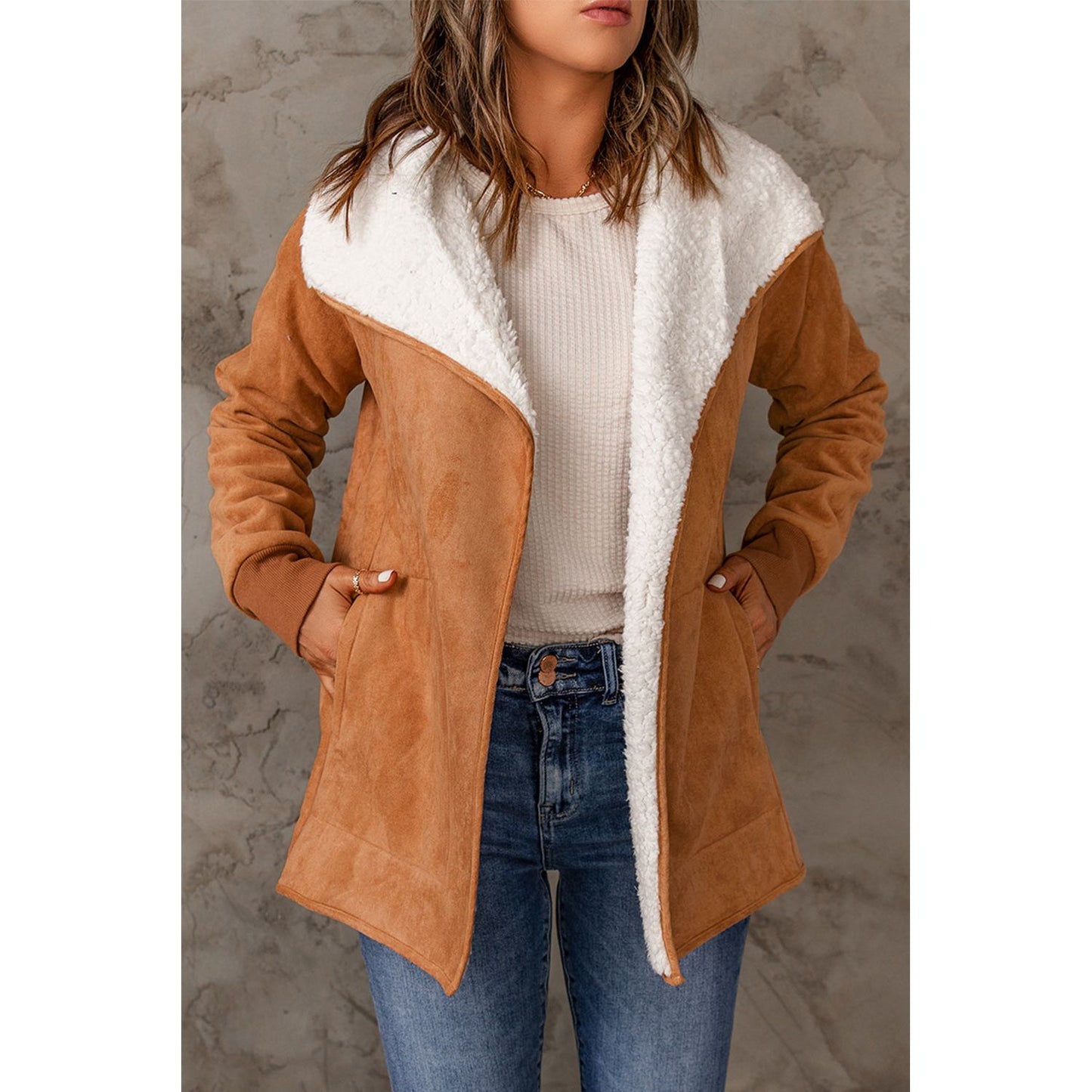 Open Front Long Sleeve Sherpa Jacket