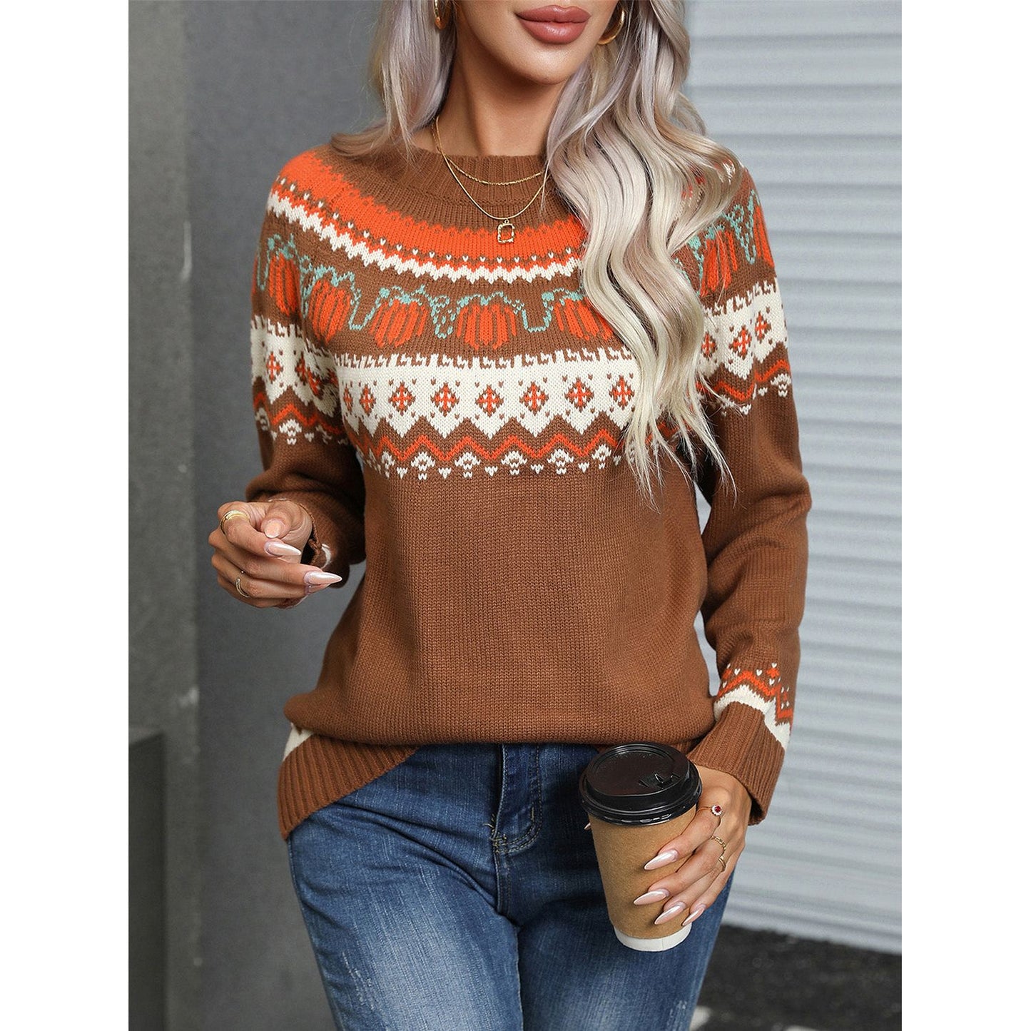 Angel Wings Geometric Round Neck Long Sleeve Sweater