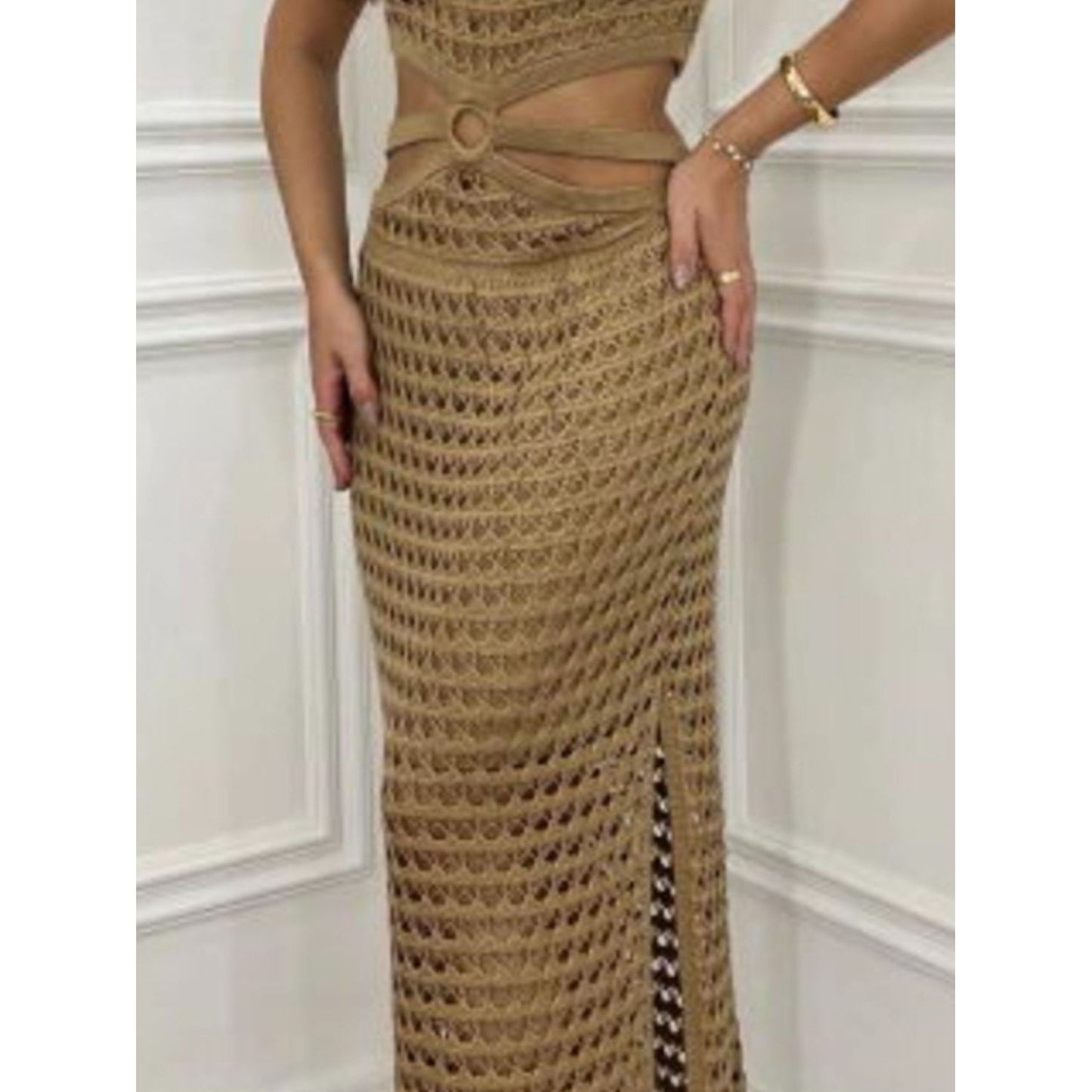 Cutout Slit Round Neck Sweater Dress