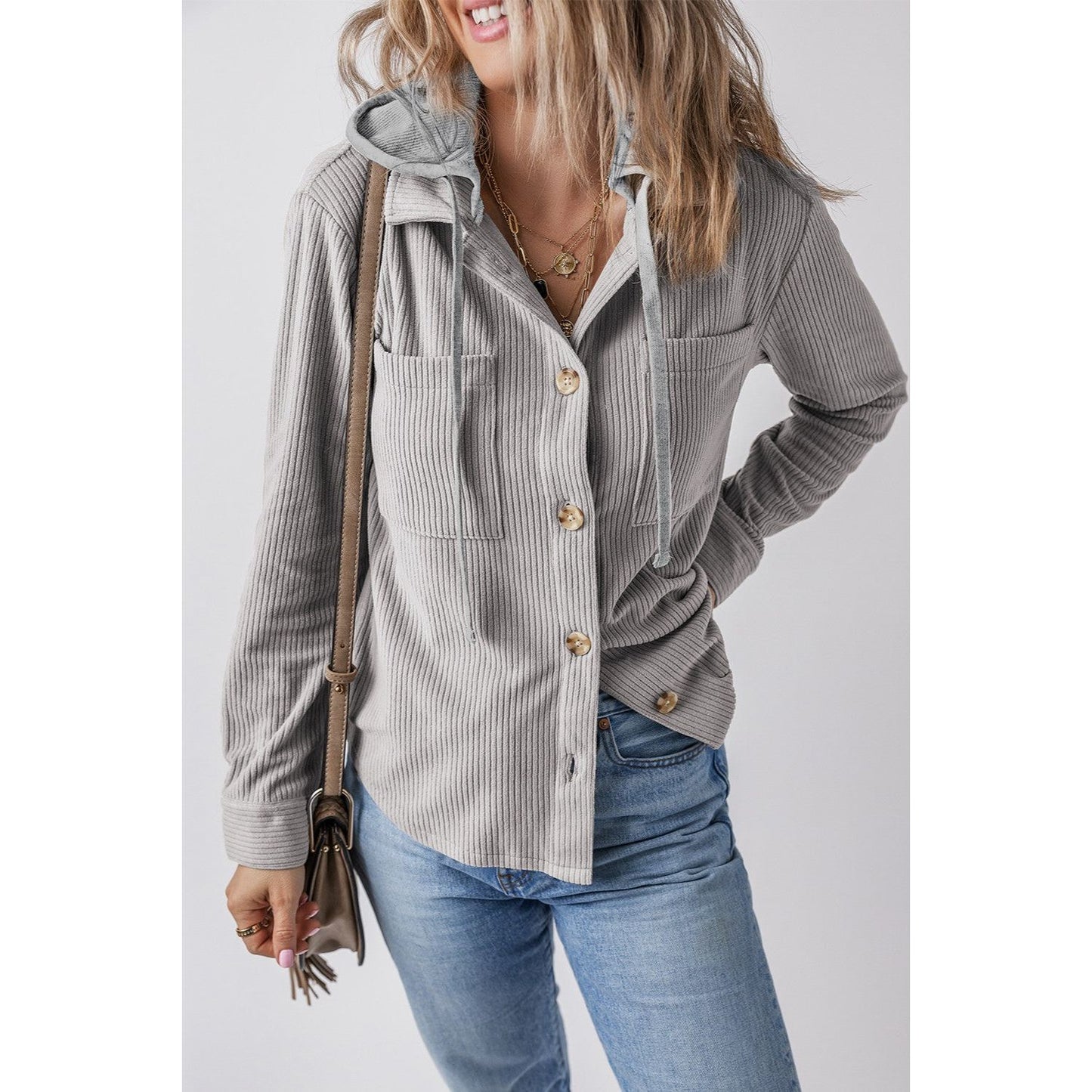 Drawstring Button Up Long Sleeve Hooded Jacket