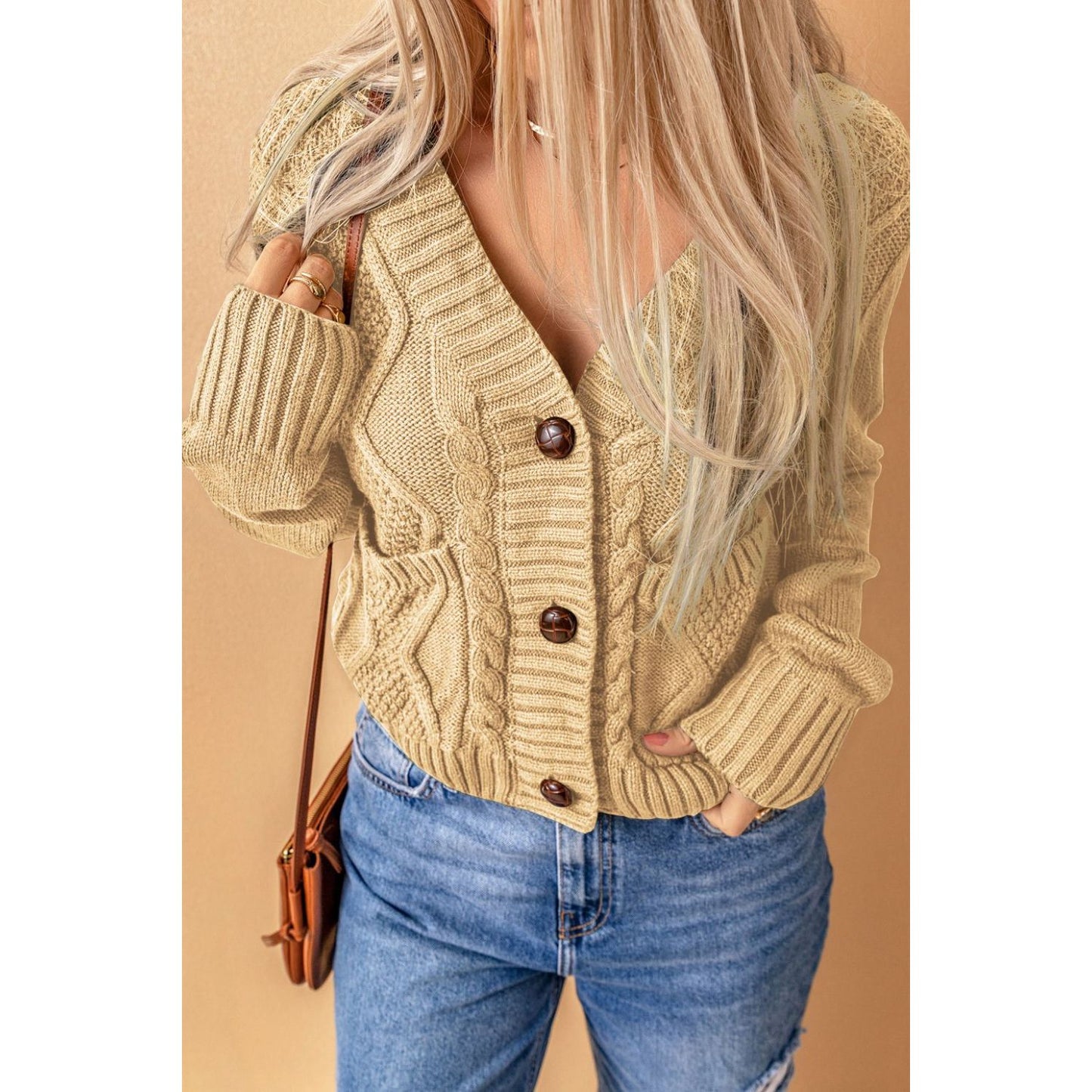 Cable-Knit Button Down V-Neck Cardigan