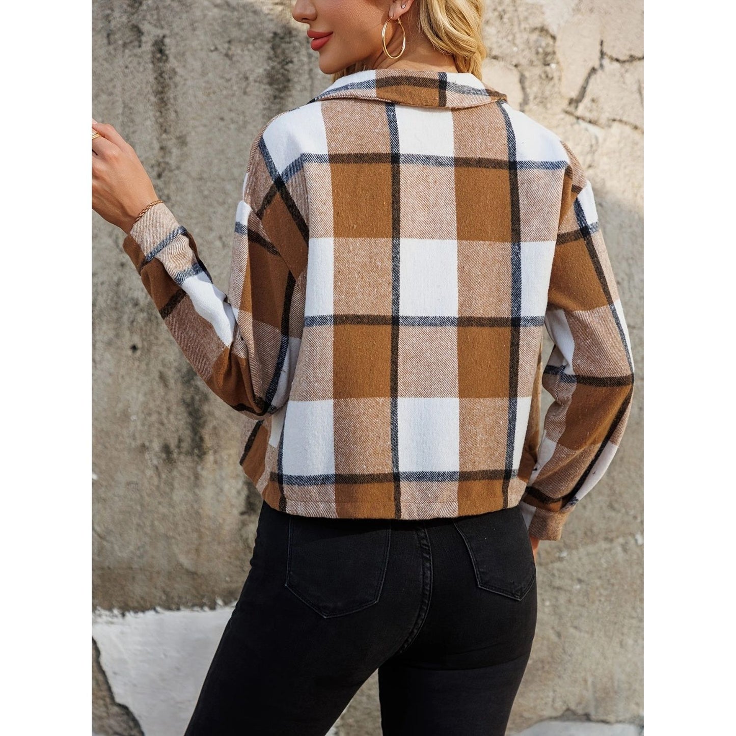 Plaid Collared Neck Cropped Jacket