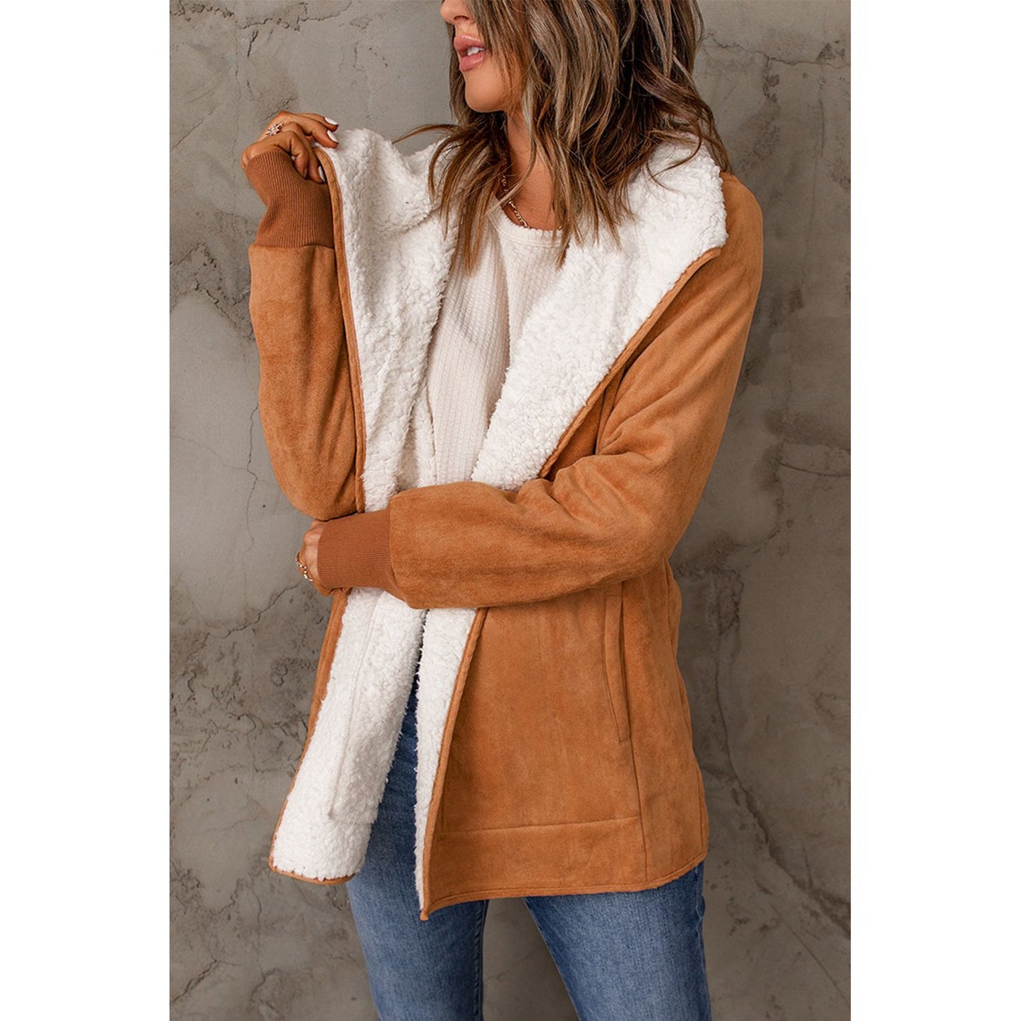 Open Front Long Sleeve Sherpa Jacket