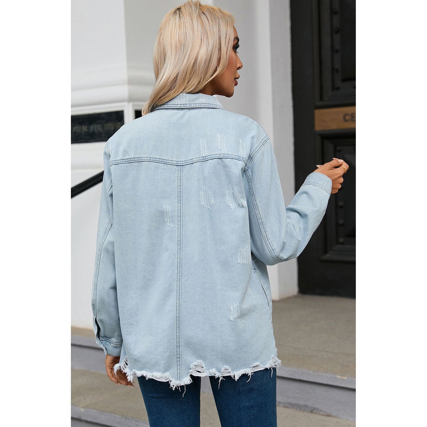 Flap Pocket Raw Hem Denim Jacket