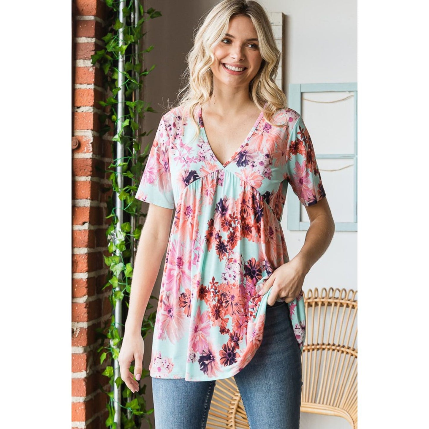 Heimish Full Size Floral V-Neck Short Sleeve Babydoll Blouse