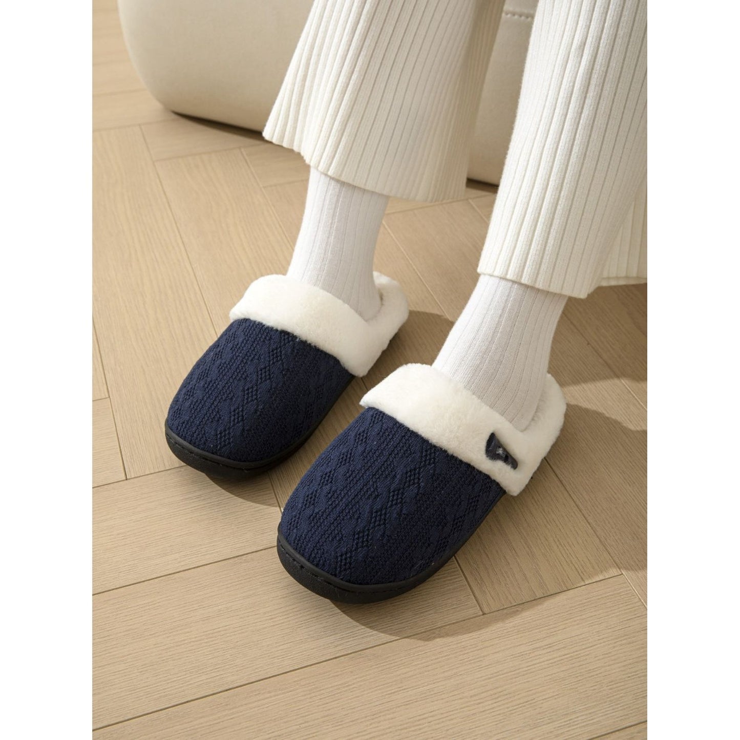 Horn Buckle Furry Texture Flat Slippers