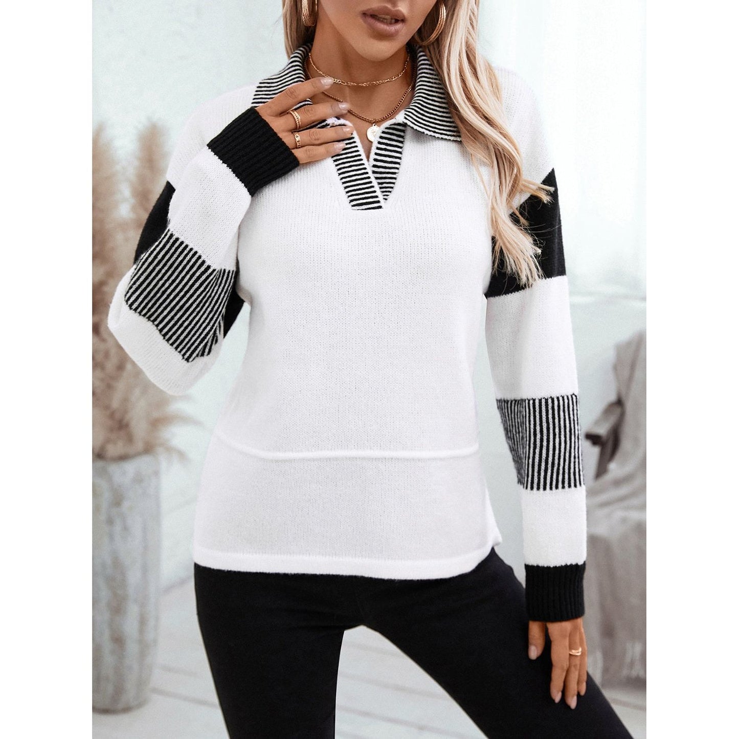 Striped Johnny Collar Drop Shoulder Sweater