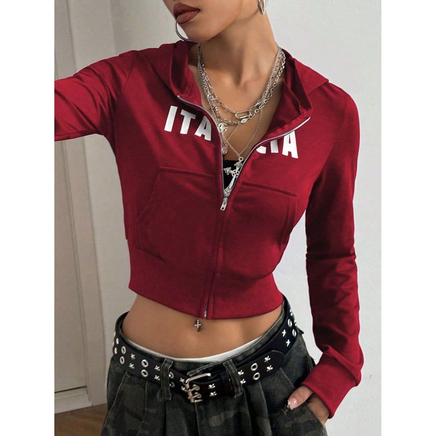 Letter Graphic Zip Up Long Sleeve Hoodie