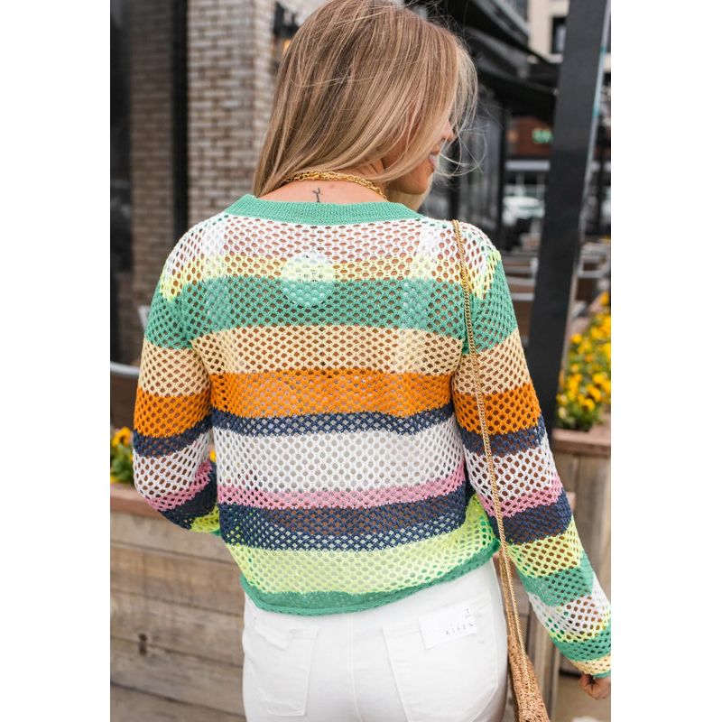 Openwork Contrast Striped Round Neck Knit Top