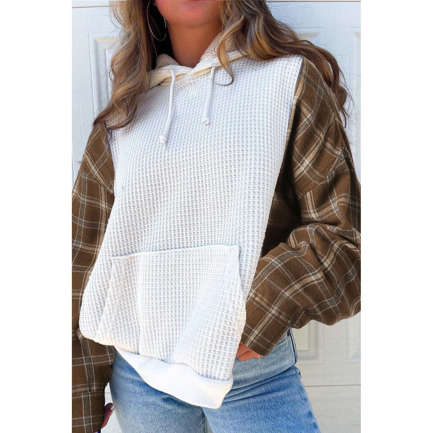 Waffle Knit Plaid Long Sleeve Kangaroo Pocket Hoodie