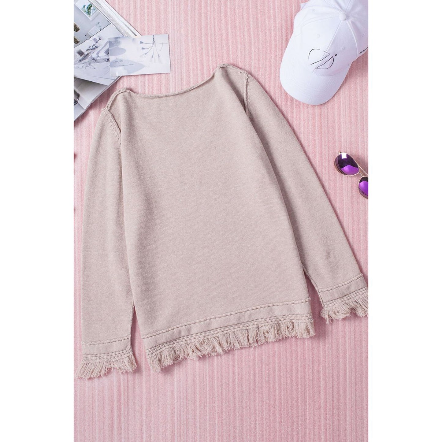 Exposed Seam Fringe Hem V-Neck Long Sleeve Sweater