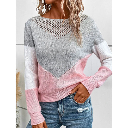 Openwork Contrast Round Neck Long Sleeve Knit Top