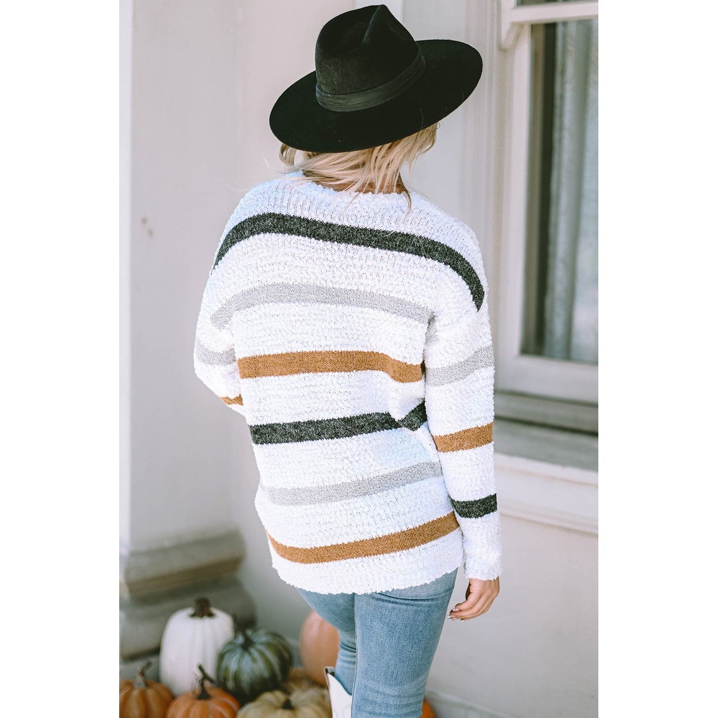 Striped Round Neck Dropped Shoulder Sweater