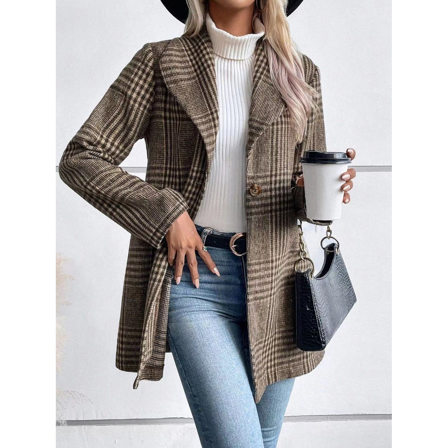 Plaid Collared Neck Long Sleeve Jacket