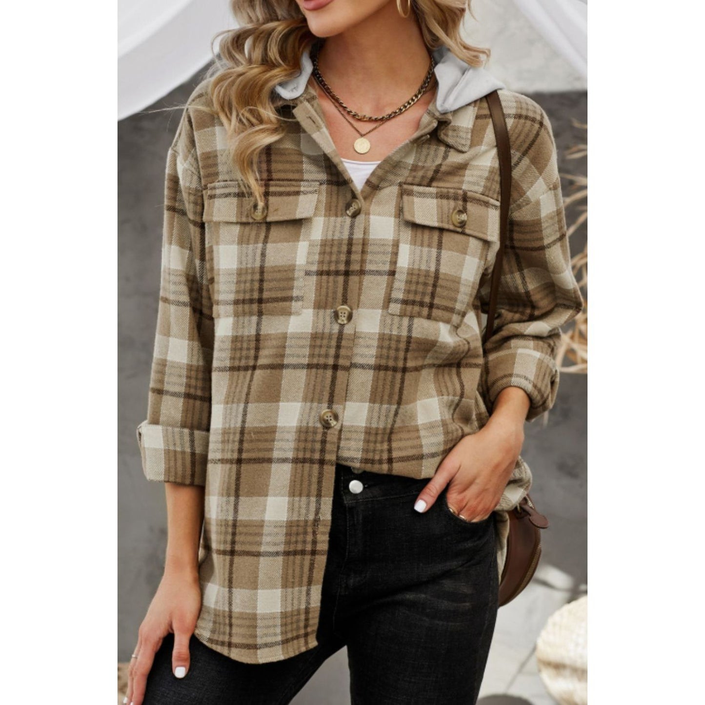Plaid Button Up Long Sleeve Hooded Jacket
