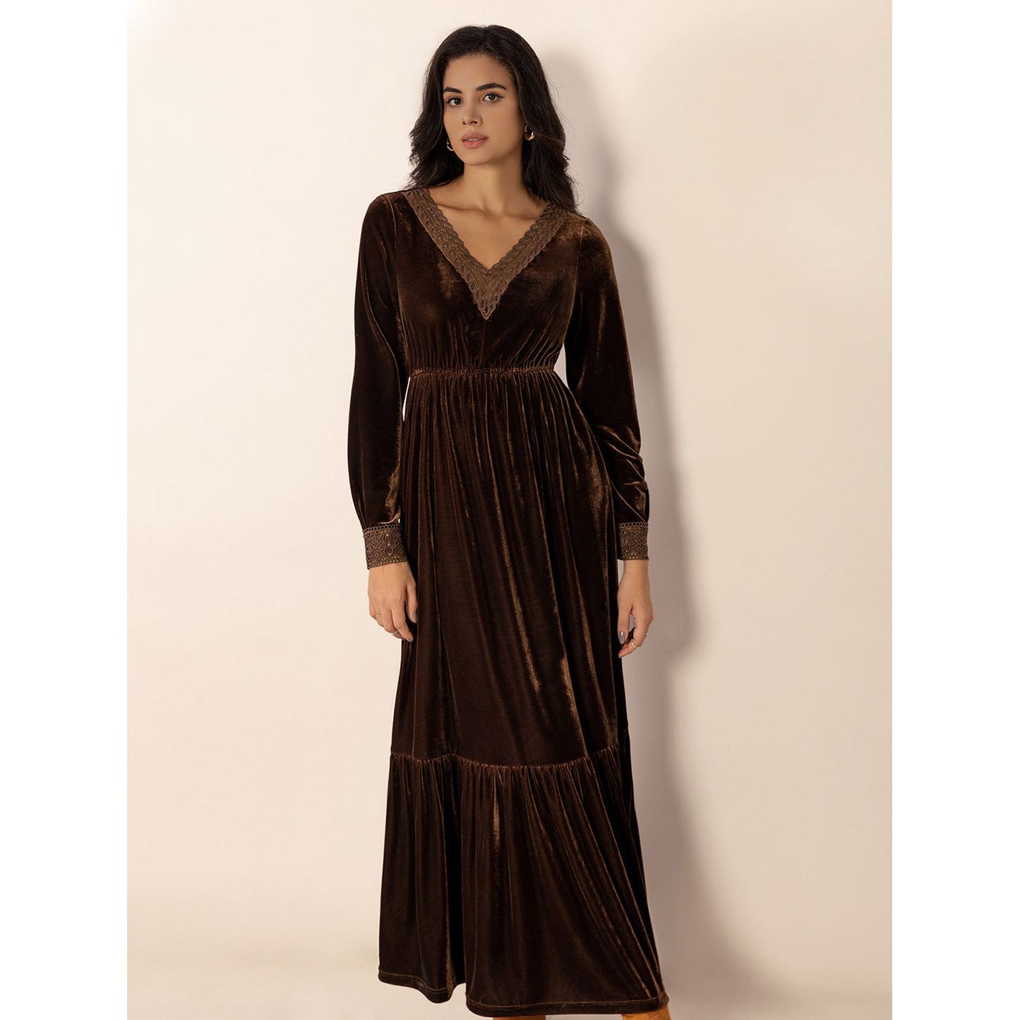 Lace Detail V-Neck Long Sleeve Maxi Dress