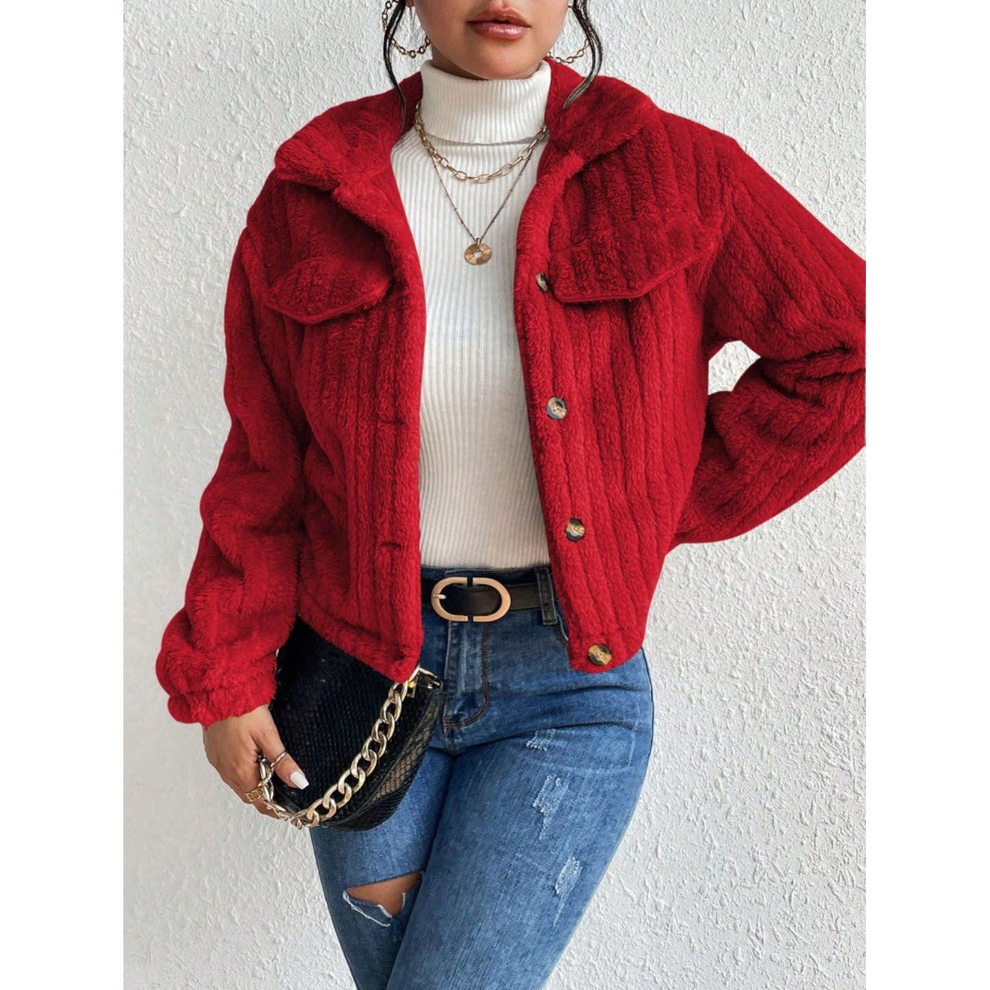 Fuzzy Button Up Collared Neck Jacket