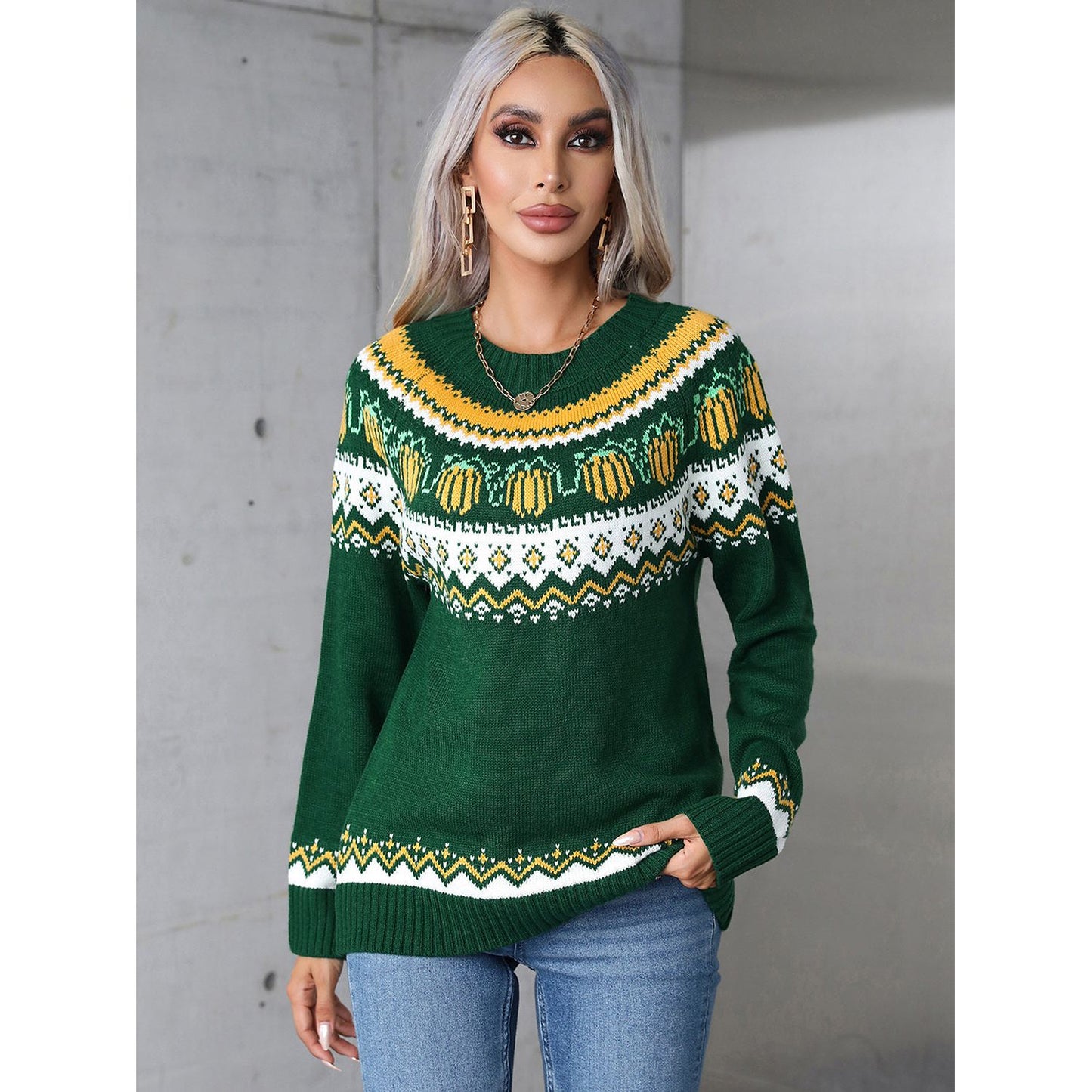 Angel Wings Geometric Round Neck Long Sleeve Sweater